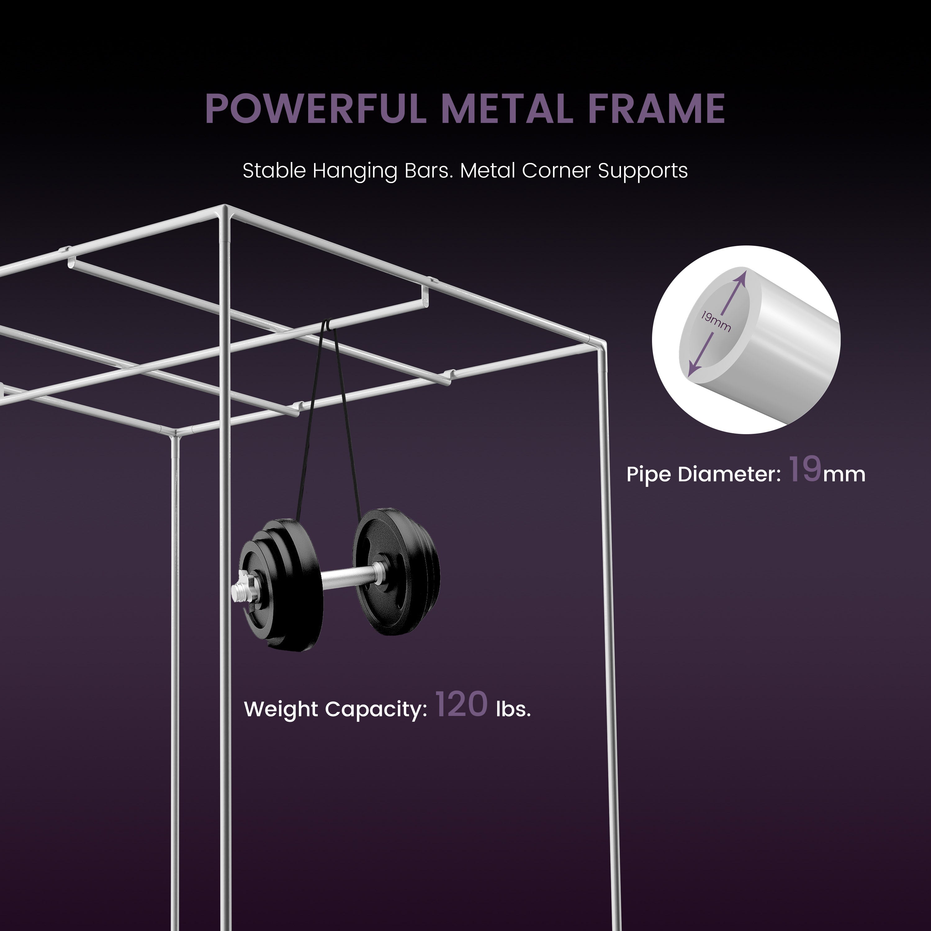 the 2x4 grow tent has The 19mm diameter steel frame provides ample weight capacity, stably supporting plants and equipment up to 120 pounds.