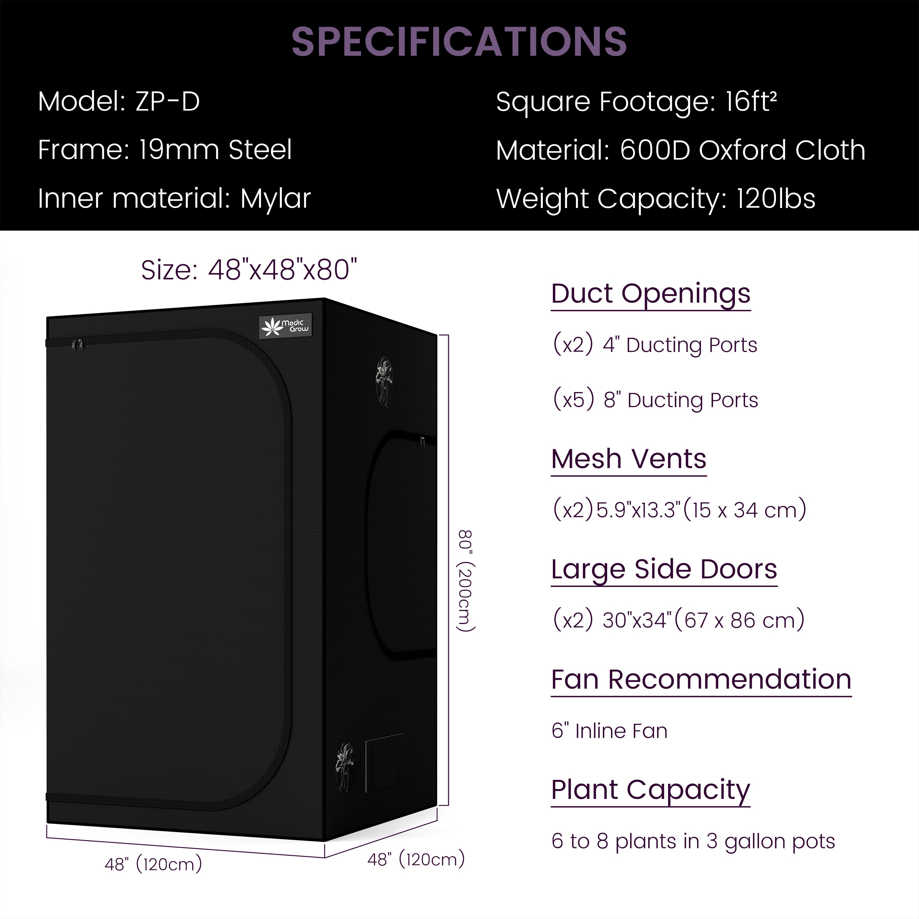Medic Grow ZP-D 4x4 Grow Tent 48"x48"x80" (120x120x200cm) For Indoor Planting - Medic Grow US
