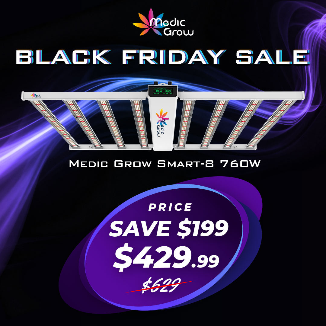 Medic Grow Smart-8 全光谱可调光 760W LED 生长灯带定时器 - 适用于 5x5 帐篷的高产量灯